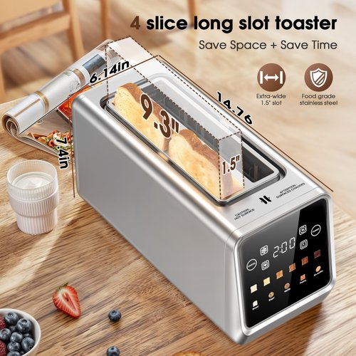 Toaster 4 Slice Long Slot with Digital Touchscreen & 1-Touch Memory for Family | Stainless Steel for Bagels & Artisan Bread | Defrost Reheat & Single-Slice Modes