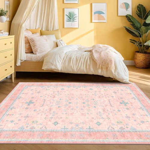 Hazo Haus Washable 5x8 Boho Aesthetic Area Rug - Pink & Blue Vintage Design for Living Room, Nursery, Kids Playroom | Non-Slip Rubber Backing, Stain Resistant