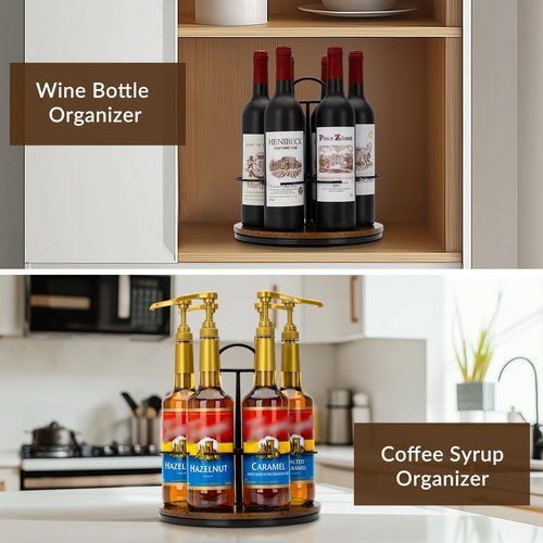 SUNNEKO Rotating Coffee Syrup Organizer Hold 6 Bottles, Wood Coffee Syrup Rack for Countertop, Large Bottle Holder Stand for Bar Station, Turntable Wine Display Tray (Black - 6 Bottles)