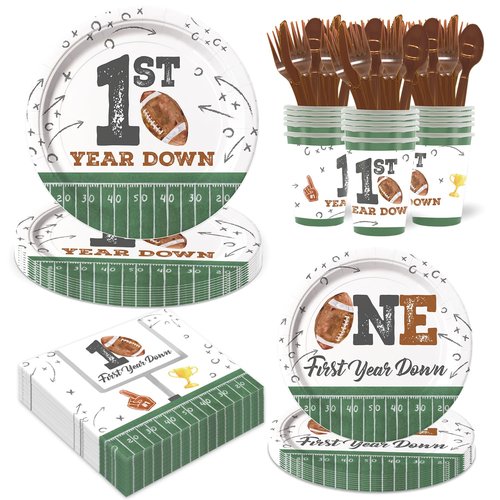 LANGASQUE Football First Year Down Birthday Decorations, 168pcs Paper Plates Napkins Set Football Theme Dinnerware Including Plates, Napkins, Cups, Knives, Forks, Spoons for Birthday Party Supplies