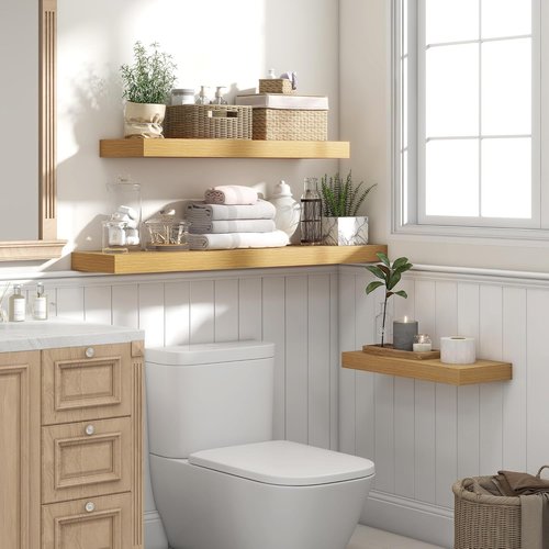 Heimlove 16-Inch Floating Shelves - Wall-Mounted Oak Wood Shelves for Bathroom, Bedroom & Office | Set of 2