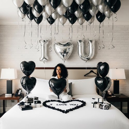 I Love You for Him/Her Balloon Black Silver Balloon with Heart Shaped Balloons Black Artificial Rose Petals Romantic Decoration Kit Perfect for Anniversaries Proposals Valentine's Day