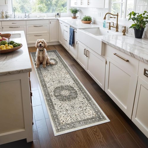 Hallway Runner Rug - 2x6 Washable Oriental Design | Stain Resistant, Ultra Soft, Non-Slip Grey Carpet