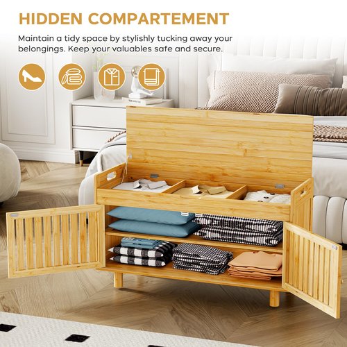 Shoe Storage Bench, Bamboo Entryway Bench with 2 Doors & Padded Seat Cushion, 35.4" W x 12.6" D x 19.7" H, 2-Tier Shoe Rack with Lift Top Hidden Storage, for Entryway, Living Room, Bedroom, Natural