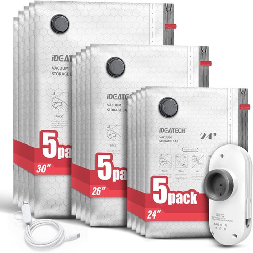 IDEATECH Travel Vacuum Bags - 15 Pack with USB Pump for Space Saving Clothes | Easy Load Compression Bags (5S+5M+5L)