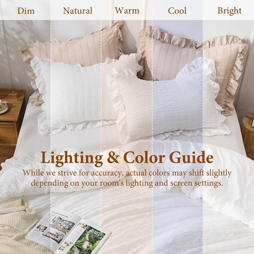 JOLLYVOGUE White Comforter Full Size, 3 Pieces Seersucker Lightweight Full Size Bedding, All Season Fluffy Microfiber Bedding Comforter Set with 1 Ruffle Comforter and 2 Ruffle Pillowshams