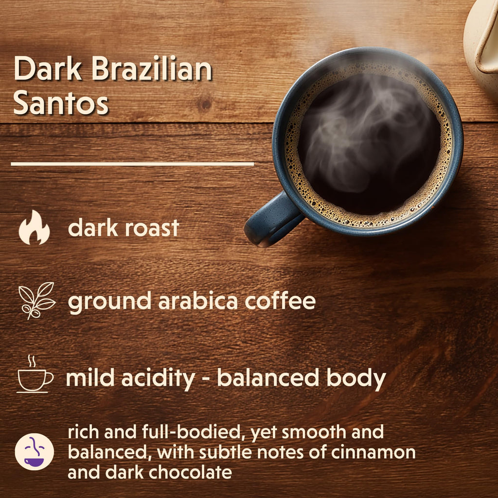 Coffee Bean Direct Dark Brazilian Santos, Ground Coffee, Arabica Coffee, Dark Roast, 5 Pound Bag (Pack of 1)