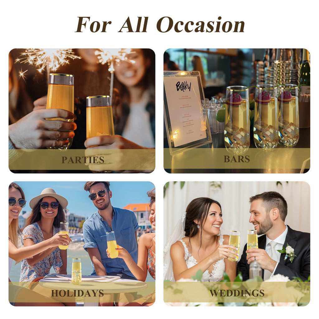 Bestluck 48 Pack 9 oz Stemless Plastic Champagne Flutes, Clear Disposable Champagne Glasses Gold Rim, Shatterproof and BPA-Free Drinkware for Party & Graduation & Wedding