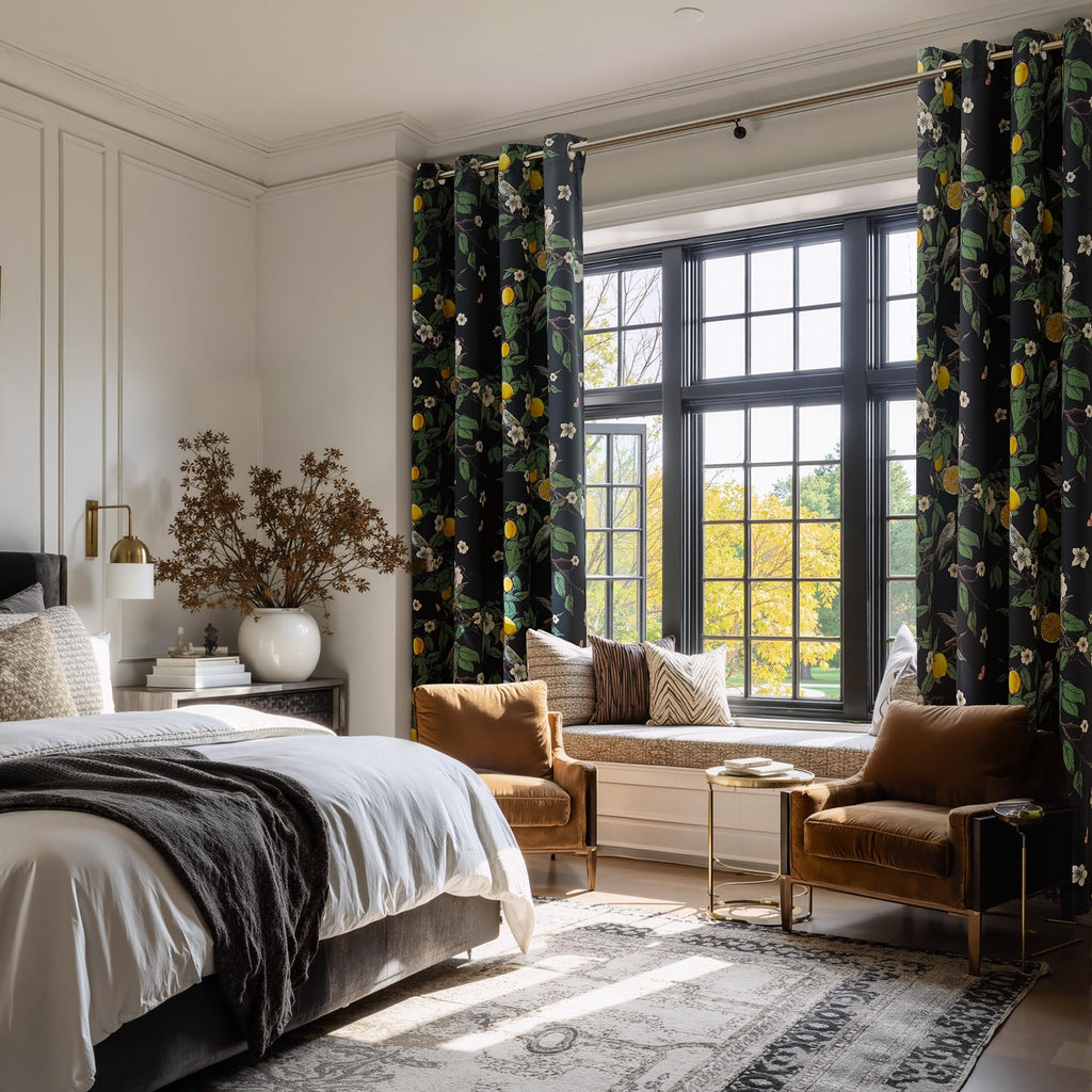 NICETOWN 100% Blackout Floral Curtains for Bedroom, W52 x L84 2 Panels, Hummingbird Lemon Botanical Print Design Thermal Insulated Privacy Drapes, Black Out Curtains for Living Room, Farmhouse
