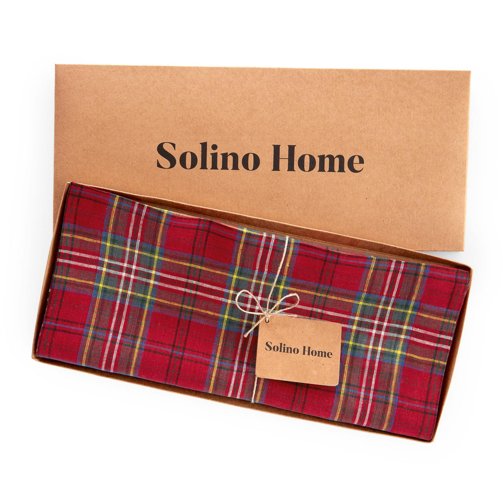 Solino Home Table Runner 90 Inches Long - 100% Pure Linen Red Classic Tartan Plaid Table Runner 14 x 90 Inch for Dining