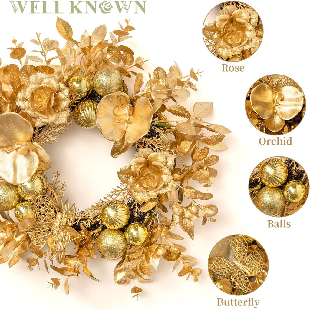 Skiennix Artificial Flower Candle Ring - 12" Gold Orchid & Eucalyptus Wreath for Home Decor | Perfect for Weddings & Centerpieces