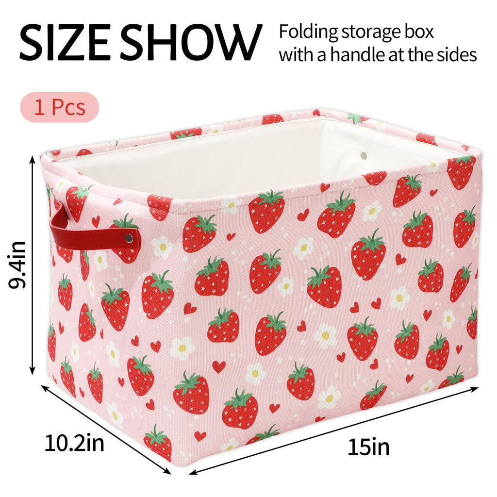 FYSUIMU Strawberry Storage Basket Foldable Strawberry Flower Heart Storage Bin with Handle Red Pink Fabric Basket for Home Office Organizer Decor, 15 x 10.2 x 9.4 Inch
