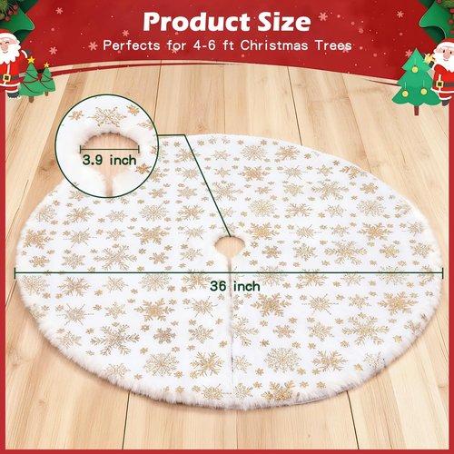 White Fluffy Christmas Tree Skirt, 36 Inch Luxury Plush Christmas Tree Bottom Base Cover with Gold Snowflakes for Xmas New Year Home Party Decorations