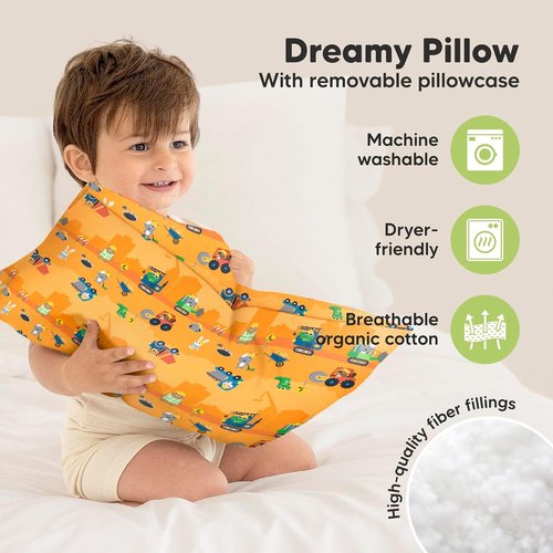 Little Builders Toddler Pillow - Soft Organic Cotton Travel Bed Pillow with Case | 13x18 Inches, Machine Washable