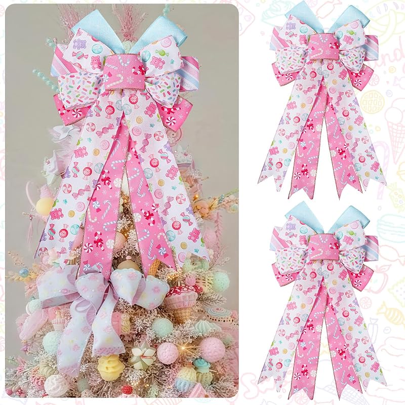 Pastel Candy Christmas Tree Topper Bows, 2 Pack 28x50 cm Pink & White