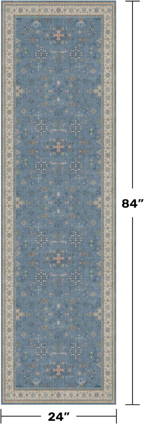 Light Blue Kitchen Runner Rug - Washable Boho Non-Slip Design for Hallway, Bedroom, Entryway | 2x7 Size