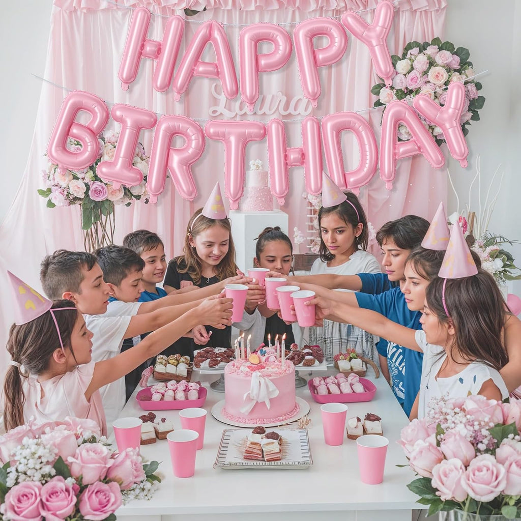 Skiennix Pink Happy Birthday Balloon Banner - 16 Inch Pastel Pearl Mylar Foil Balloons for Girls' Party Decor