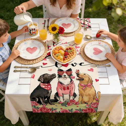 Amreich Valentines Day Dog & Love Tree Table Runner - Dating Dinner Anniversary Wedding Valentine's Table Decor for Home Party Favors 13 X 72 Inch