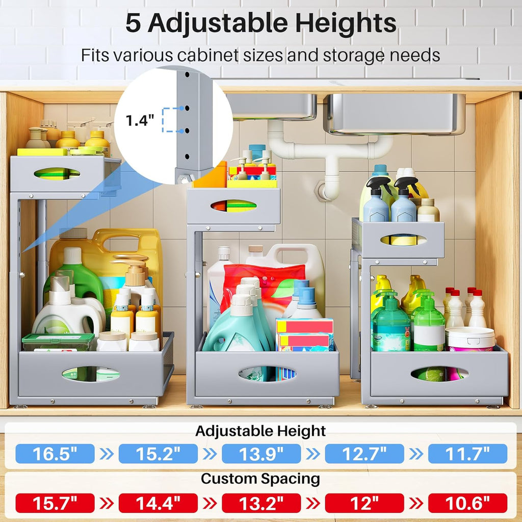 Under Sink Organizer by [Brand Name] - 2 Pack 2 Tier Pull Out Cabinet Storage with Mesh Drawers | Grey