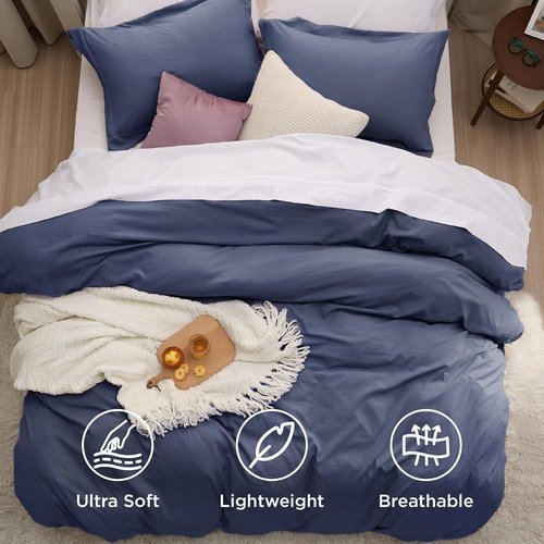 Bedsure Navy Blue Duvet Cover Set - Soft Cotton-Like Polyester Bedding, Full Size 3 Pieces, 80x90 Inches