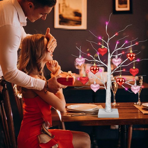 Valentines Day Decor 2 Pack 24 Inch Lighted Valentines Decorations Tree with 20 Heart Ornament, Timer/USB/Battery Operated Valentines Decor Tree Valentines Day Decorations for Home Table Bedroom Party
