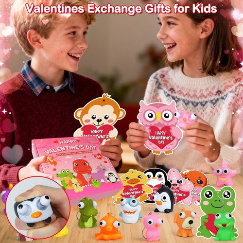24 Pack Valentines Day Gifts for Kids, Valentines Cards for Kids Classroom with Squeeze Popping Eye Animal Keychain Toys, Class Valentine Exchange Gifts for Kid School, Valentine Party Prizes