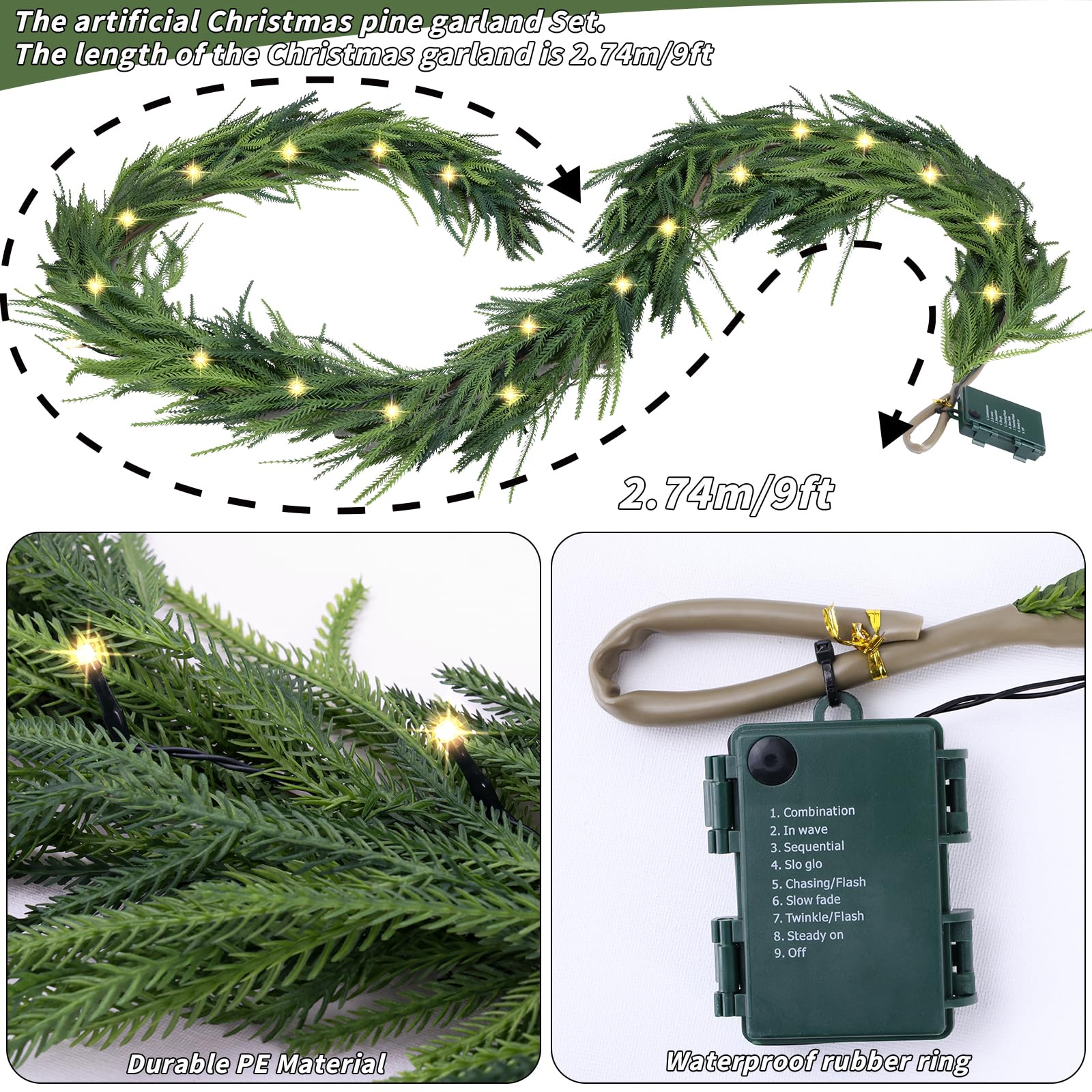 Pre-Lit Christmas Garland Decorations,9 FT Faux Led Norfolk Pine Garland Artificial Realistic, Real Touch Greenery Christmas Pine Garland for Mantle Table Front Door Indoor Outdoor Holiday Decor