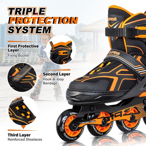 2PM SPORTS Torinx Green Boys Adjustable Inline Skates, Fun Beginner Roller Skates for Kids, Youth, Girls, Men and Women (Orange, Medium - Big Kid (1-4 US))