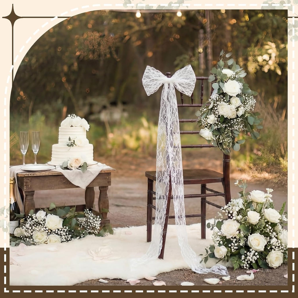 Skiennix 24 Pcs Lace Chair Sashes - Elegant Wedding Aisle Decorations | White Chair Bow Ribbons