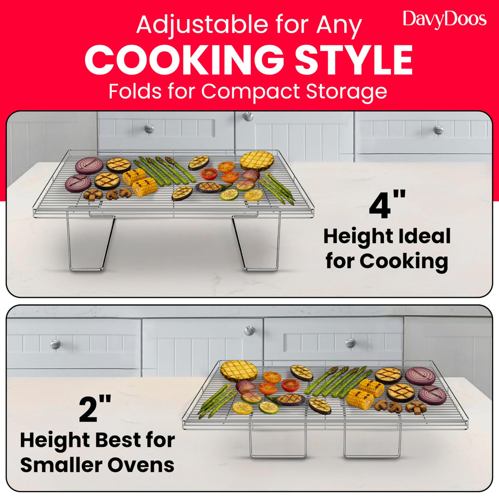 Flip-Free Crispmaster 1st Ever 4-Inch Elevated Roasting, Baking, and BBQ Rack for 360° Heat Stainless Steel Wings, Fries, Chicken, Veggies, Turkey for Oven, Grill, or Smoker 17” x 13”