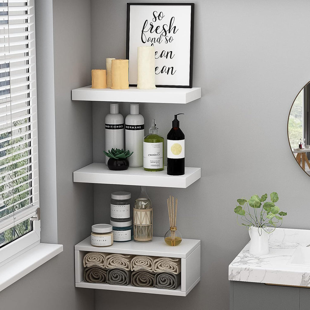 RANK Bathroom Shelves Over Toilet - Wall Mounted Floating Storage for Toilet Paper | Set of 3, 16 Inch, White