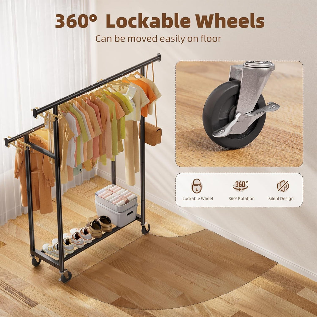 Simple Trending Clothes Rack - Double Rod Metal Garment Rack with Rolling Wheels | Portable Wardrobe for Bedroom & Laundry - Black