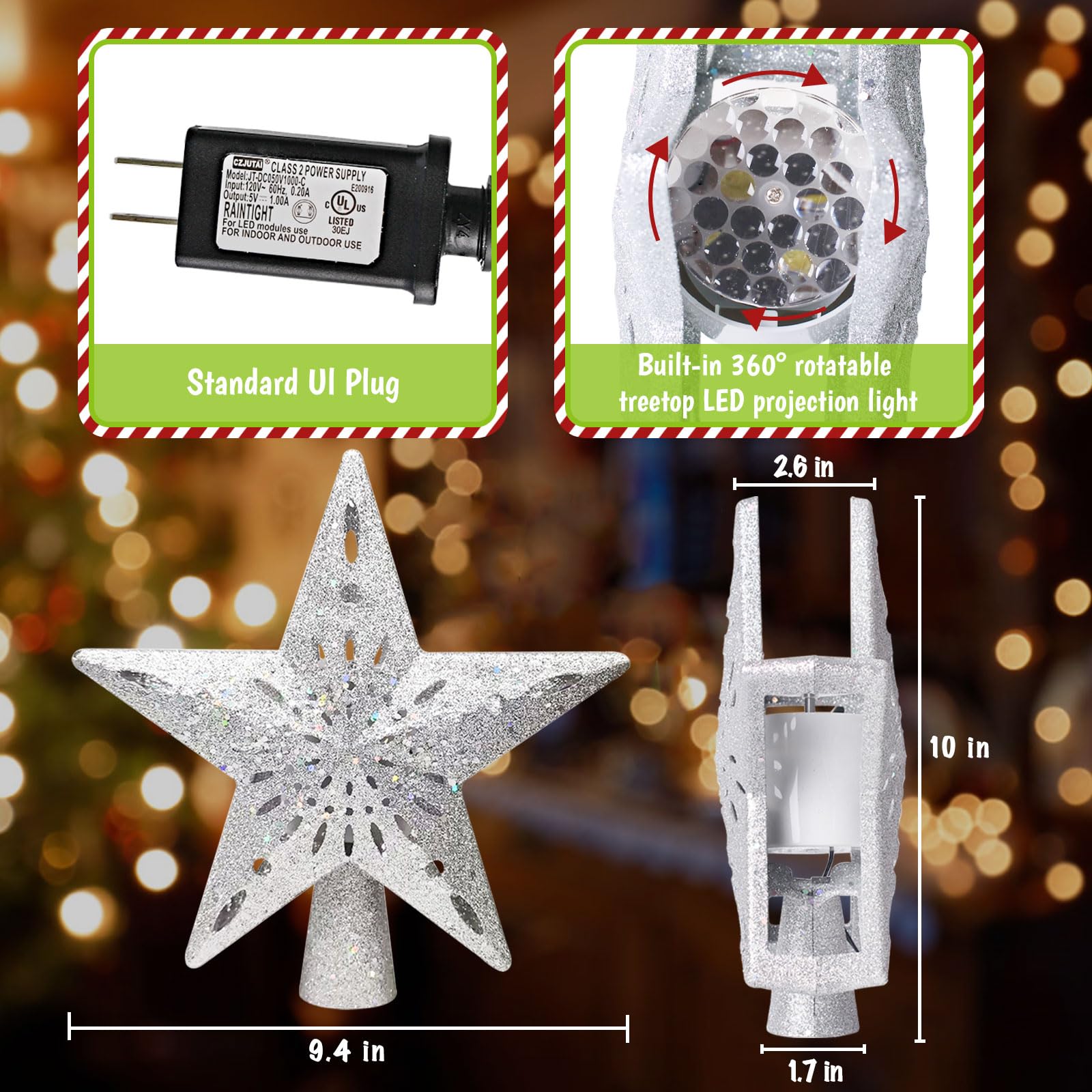 Tsorode Christmas Tree Topper Lighted,Star Tree Topper with Projector Built-in LED Rotating Lights with 6 Projection Modes,3D Glitter Dynamic Projection Christmas Decorations (Silver)