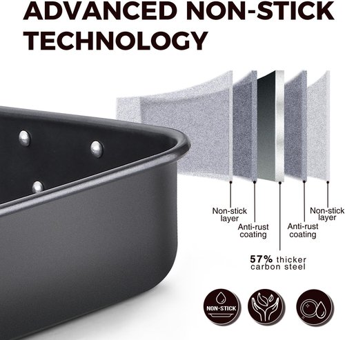 HONGBAKE Lasagna Pan - 3 Inch Deep Nonstick Baking Dish | 15x10" Heavy Duty Oven Roasting Pan, Dark Grey