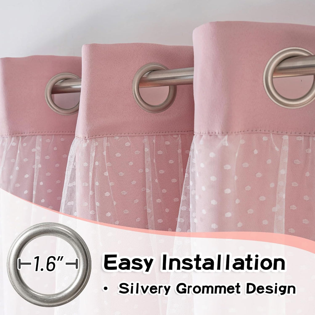 MYSKY HOME Pink Blackout Curtains - Double Layer Polka Dot Drapes for Girls' Bedroom | 52x84 Inch, 2 Panels