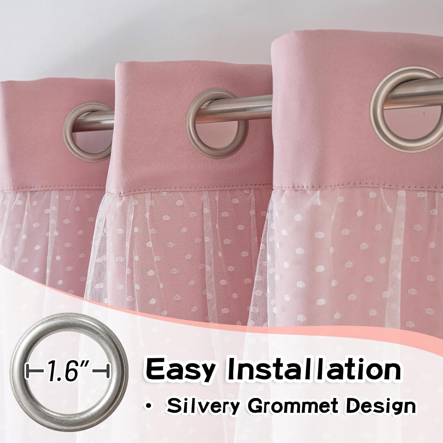MYSKY HOME Pink Blackout Curtains - Double Layer Polka Dot Drapes for Girls' Bedroom | 52x84 Inch, 2 Panels