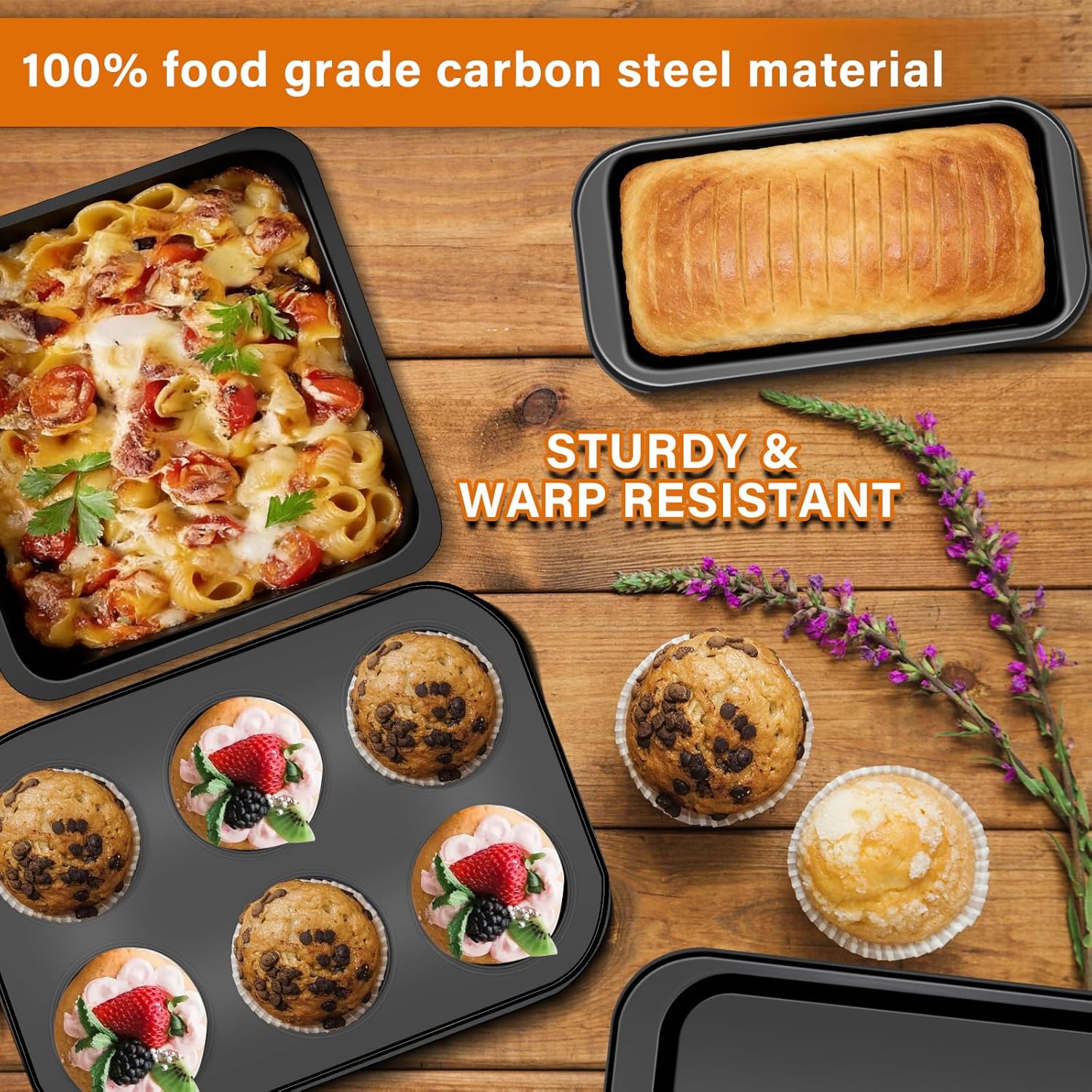 Skiennix 6-Piece Carbon Steel Bakeware Set - Nonstick Baking Pans in Black for Versatile Cooking & Baking