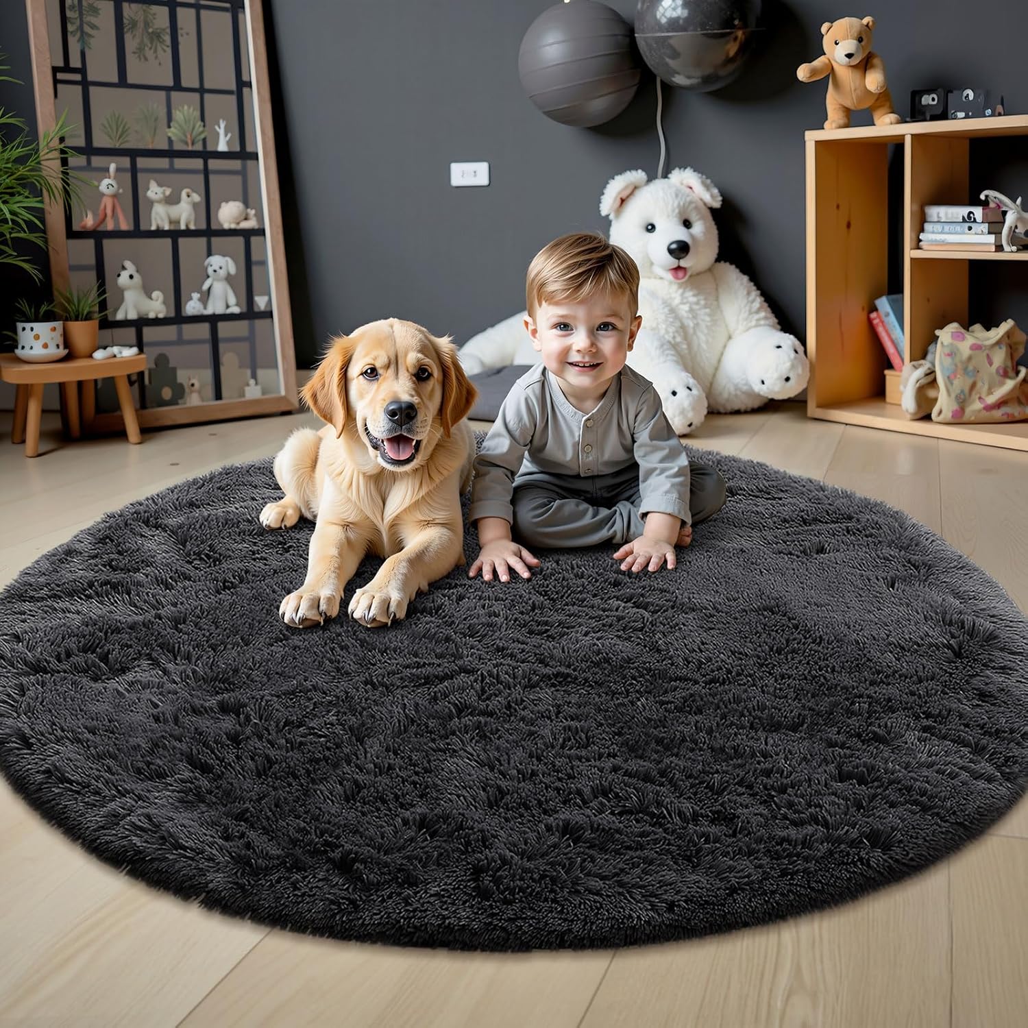 OLANLY Black Round Area Rug - Soft, Fluffy, Machine Washable 7 ft Circle Carpet for Bedroom & Living Room Decor