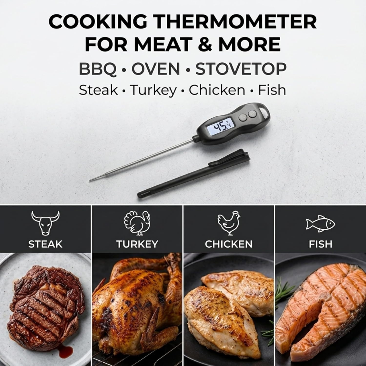 Meat Thermometer Digital - Instant Read Waterproof Food Thermometer with Backlight for BBQ, Grilling & Baking (Black)