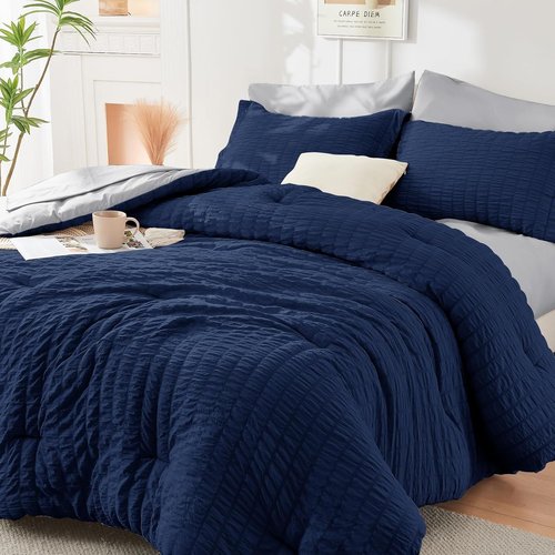HYMOKEGE California King Comforter Set - Luxury 7-Piece Seersucker Bedding in Navy Blue & Light Grey