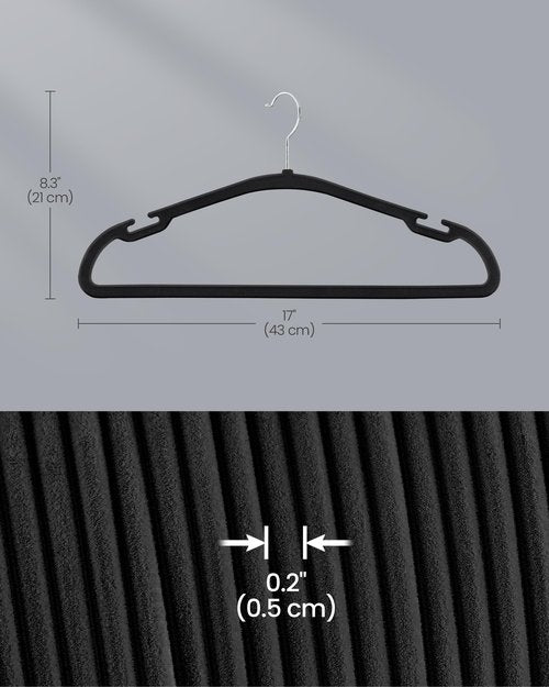 SONGMICS Velvet Hangers 50 Pack, Non-Slip Clothes Hangers, 17 x 8.3 Inches, Coat Hangers with Wide Shoulder Notches, Pants Bar, 360° Swivel Hook, Space-Saving, for Closet, Ink Black UCRF039B03