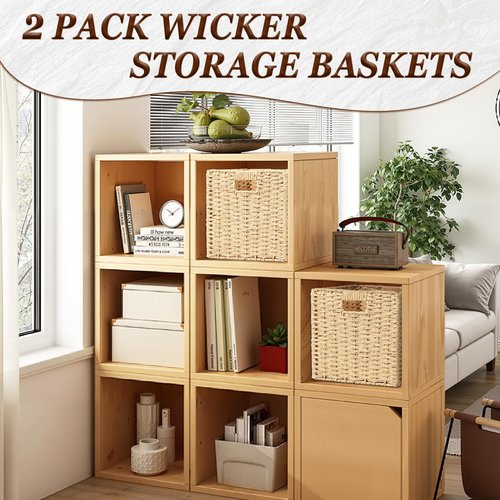 2 Pack 11x11x11 Storage Cubes, 11 inch Cube Storage Bins, Woven Baskets with Handle & No Lid, Square Wicker Baskets for Organizing, Large Collapsible Foldable Basket for Shelf Bedroom Living Room