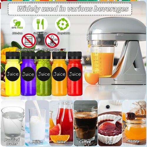 UZLU 165 Pcs 2 oz Small Plastic Juice Bottles with Black Caps Mini Clear Ginger Shot Containers with Tamper Proof Lids Reusable Travel Bottles with Funnels Labels for Juice Milk Water Other Beverages