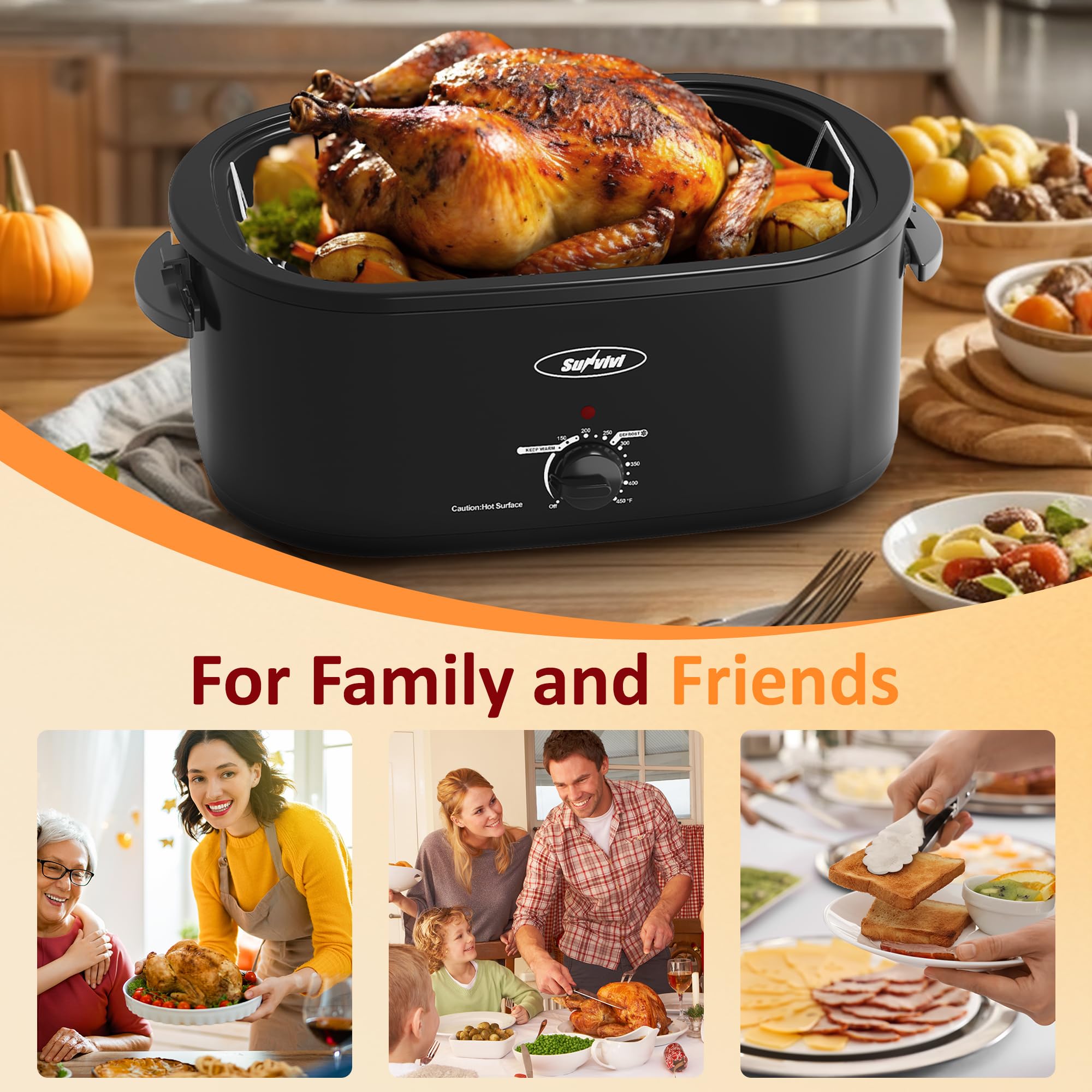 Sunvivi Electric Roaster Oven,28 Quart Roasting Oven with Self-Basting Lid Removable Pan,Turkey Roaster Oven with 150 to 450F Temperature Control Cool-Touch Handles, Black