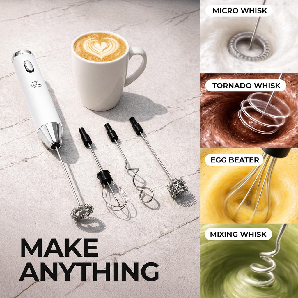 Zulay Kitchen Rechargeable Milk Frother - Handheld Electric Mixer with 3 Whisk Attachments | USB-C Charging, Lasts 6 Months