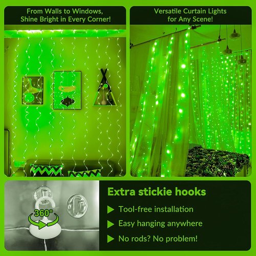 HXWEIYE 300LED Fairy Curtain Lights - 9.8x9.8Ft USB Plug-In with 8 Modes & Remote | Green Indoor Decor