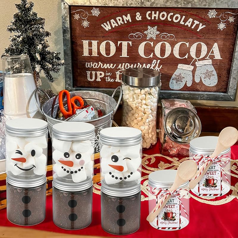 Vesici 24-Piece Christmas Hot Chocolate Bar Supplies Jars with Lids, Spoons & Cards - Snowman Theme