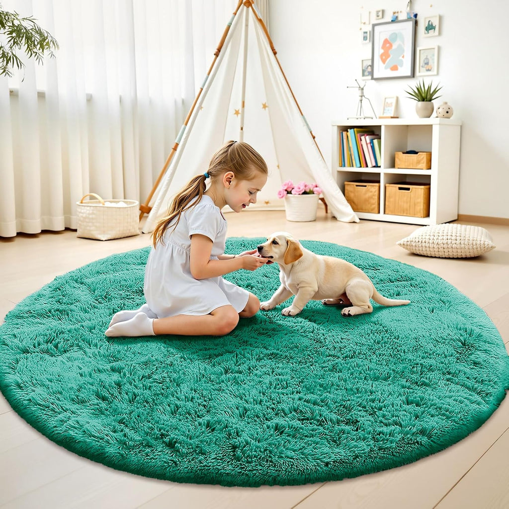 OLANLY Teal Green Round Rug - Soft, Fluffy Shaggy Carpet | 9 ft Machine Washable Area Rug for Bedroom & Living Room Decor