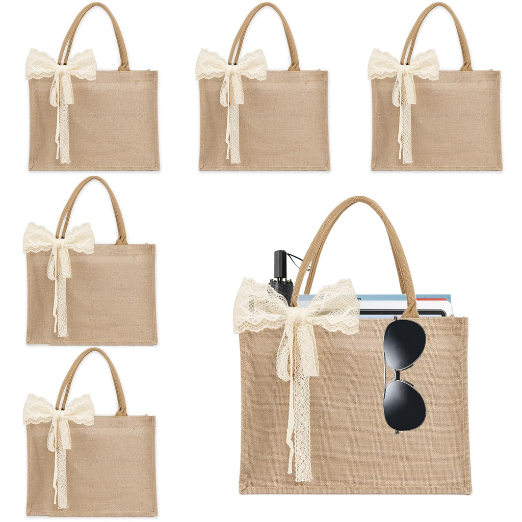 Karinoos 6pcs Burlap Tote Bag Set with Handles, Waterproof Reusable Blank Grocery Bags with Ribbon Large Jute Tote 15.35 * 6 * 12 Inch for Women Bridesmaid Gift Beach Pool Shopping Wedding Travel DIY