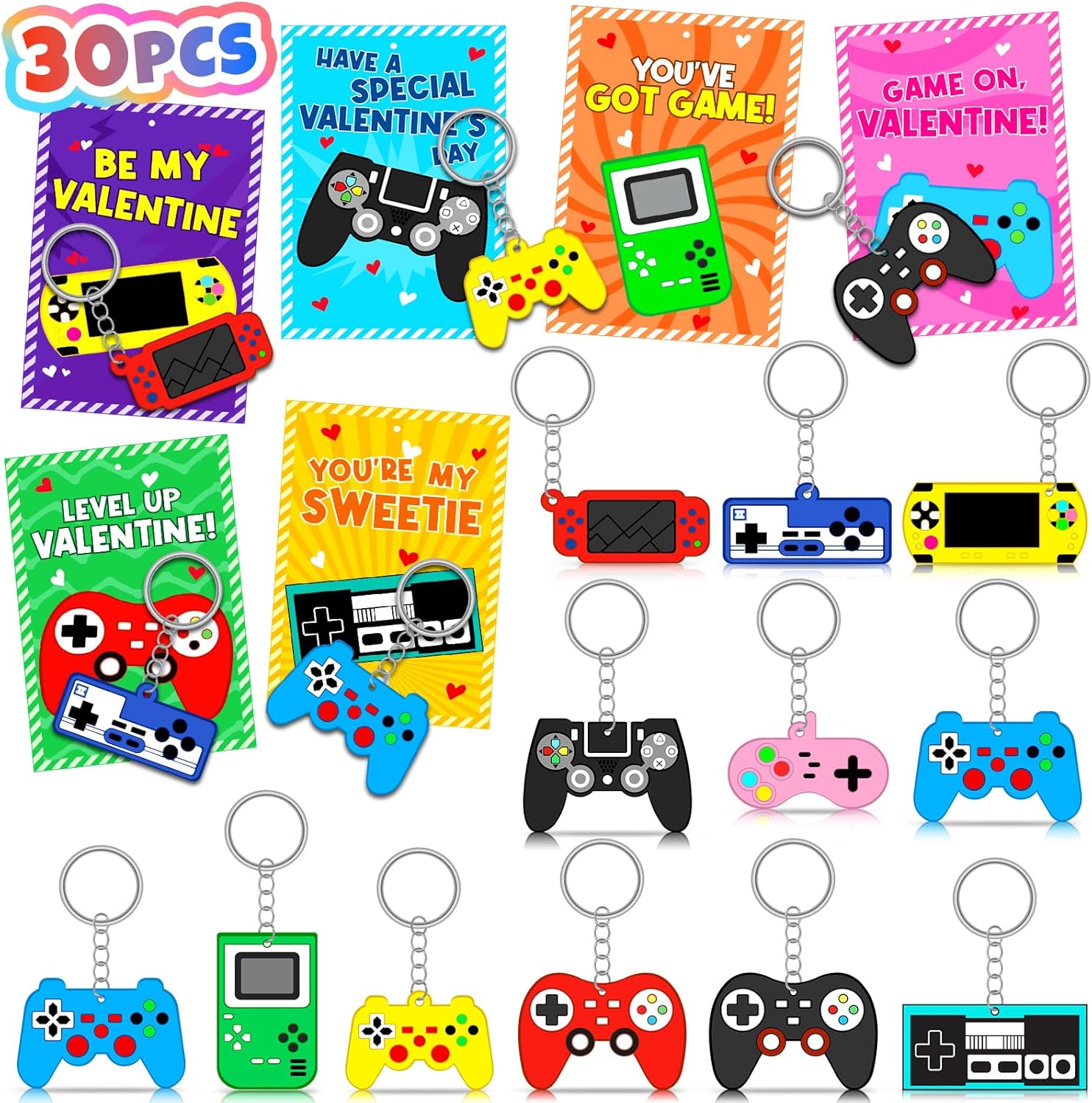 Skiennix 30-Pack Valentine's Day Cards & Video Game Keychains | Perfect Classroom Exchange Gifts for Kids